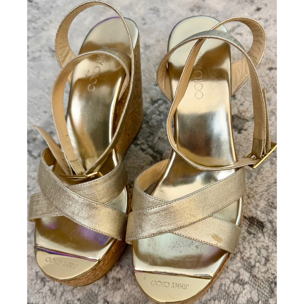 Jimmy Choo Gold Metallic Leather Cork Wedge Sandals Size 38.5/8 Platform Strappy